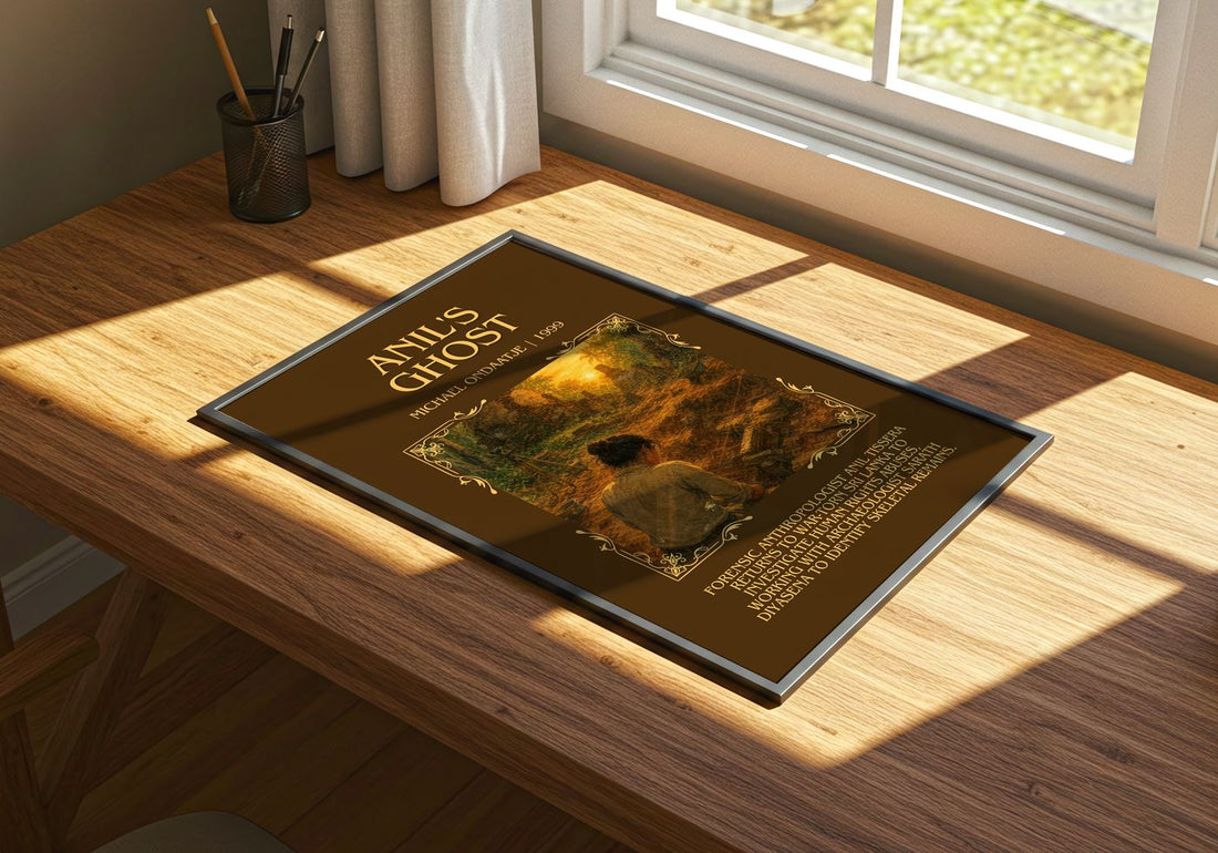 Anil's Ghost Minimalist Book Poster by Michael Ondaatje – print on a sunlit desk