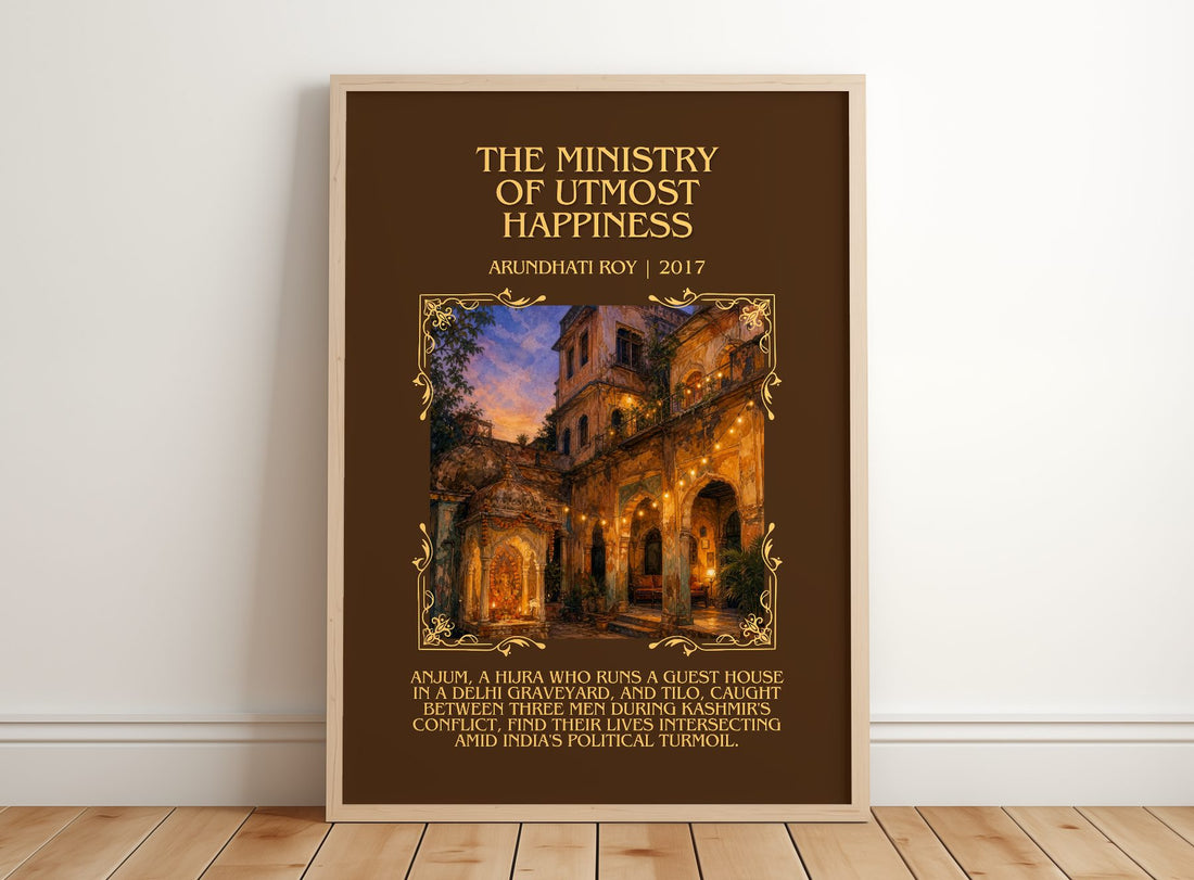 Ministry of Utmost Happiness Minimalist Book Poster by Arundhati Roy – framed print leaning on a wooden floor