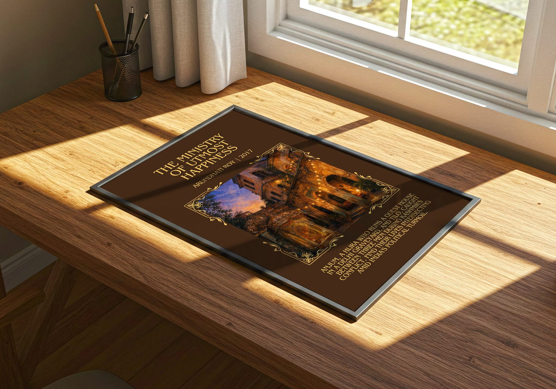 Ministry of Utmost Happiness Minimalist Book Poster by Arundhati Roy – print on a sunlit desk