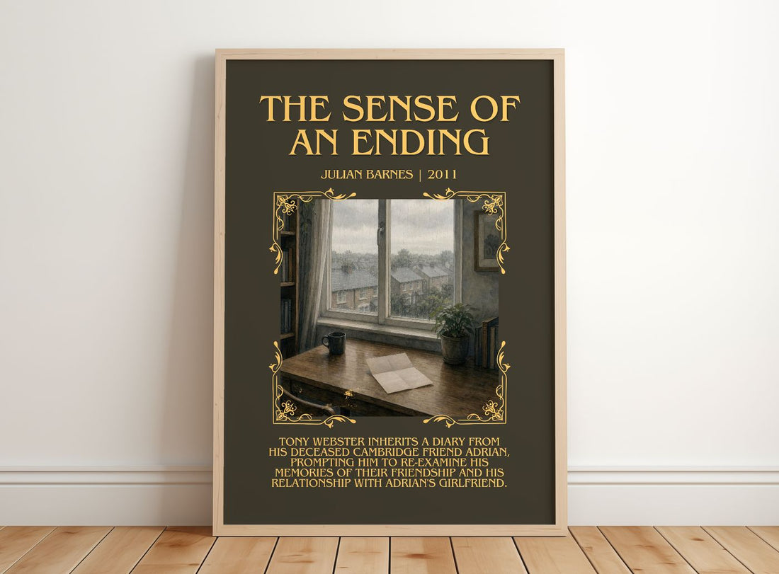 The Sense of an Ending Minimalist Book Poster by Julian Barnes – framed print leaning on a wooden floor