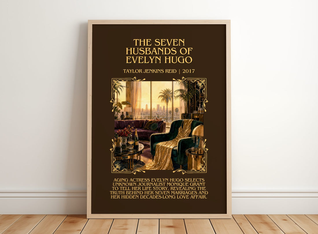 Seven Husbands of Evelyn Hugo Minimalist Book Poster by T. Reid – framed print leaning on a wooden floor