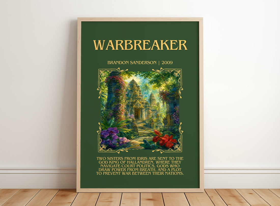 Warbreaker Minimalist Book Poster by Brandon Sanderson – framed print leaning on a wooden floor
