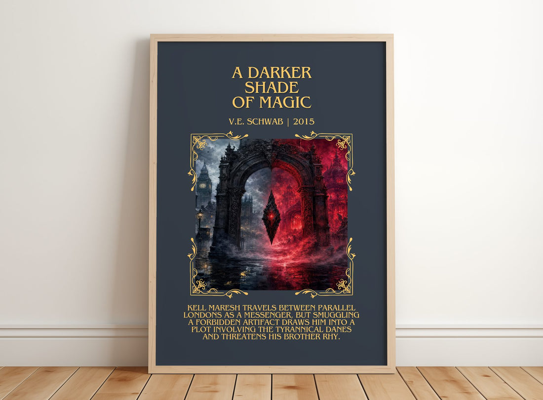 A Darker Shade of Magic Minimalist Book Poster by V.E. Schwab – framed print leaning on a wooden floor
