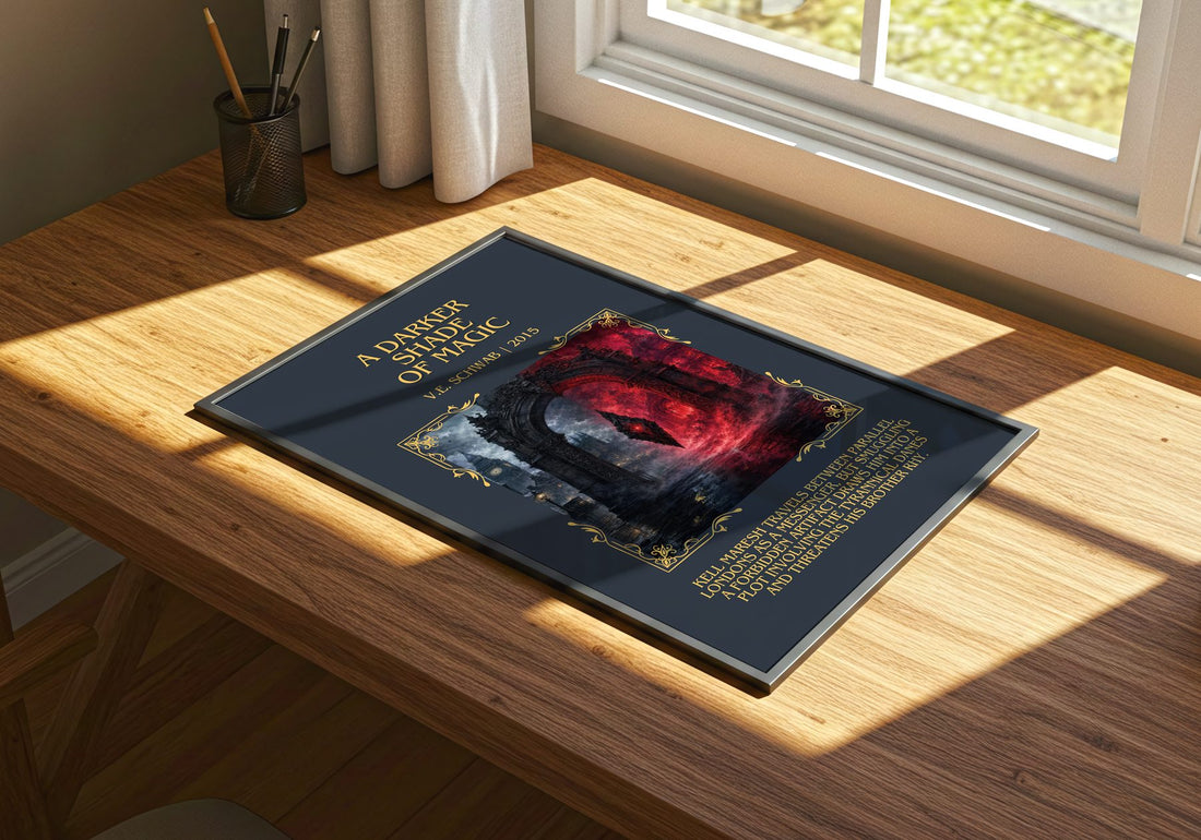 A Darker Shade of Magic Minimalist Book Poster by V.E. Schwab – print on a sunlit desk