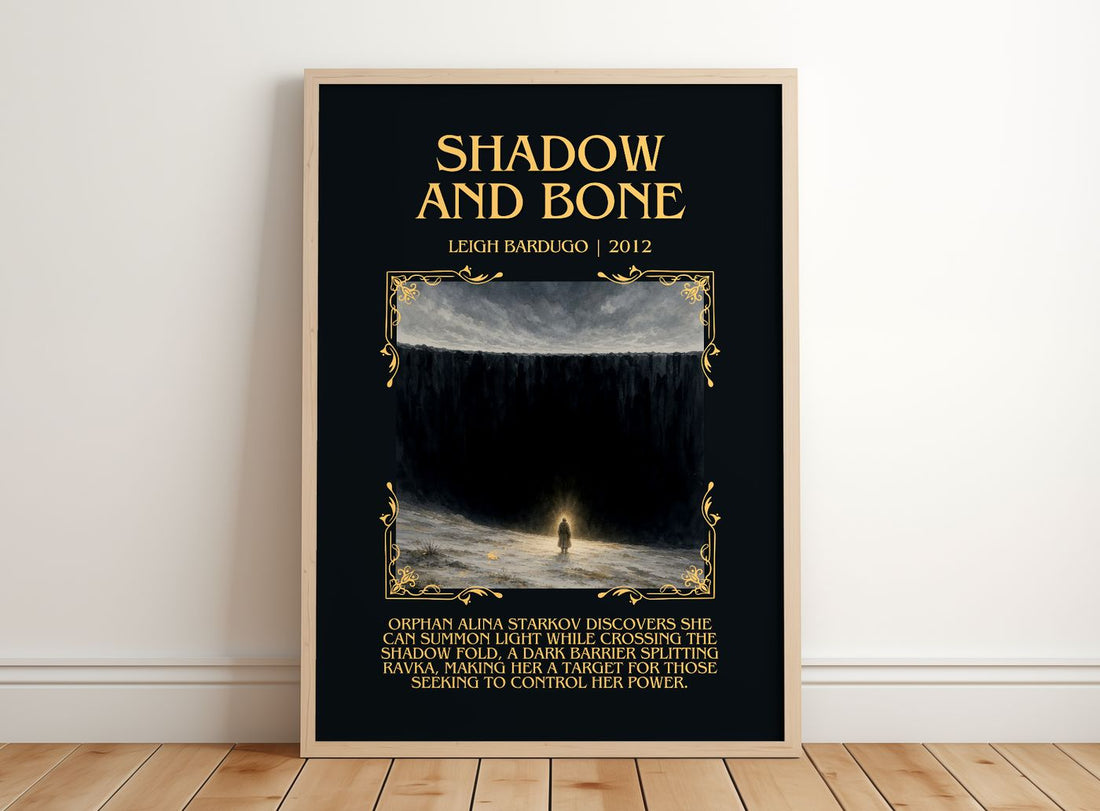 Shadow and Bone Minimalist Book Poster by Leigh Bardugo – framed print leaning on a wooden floor