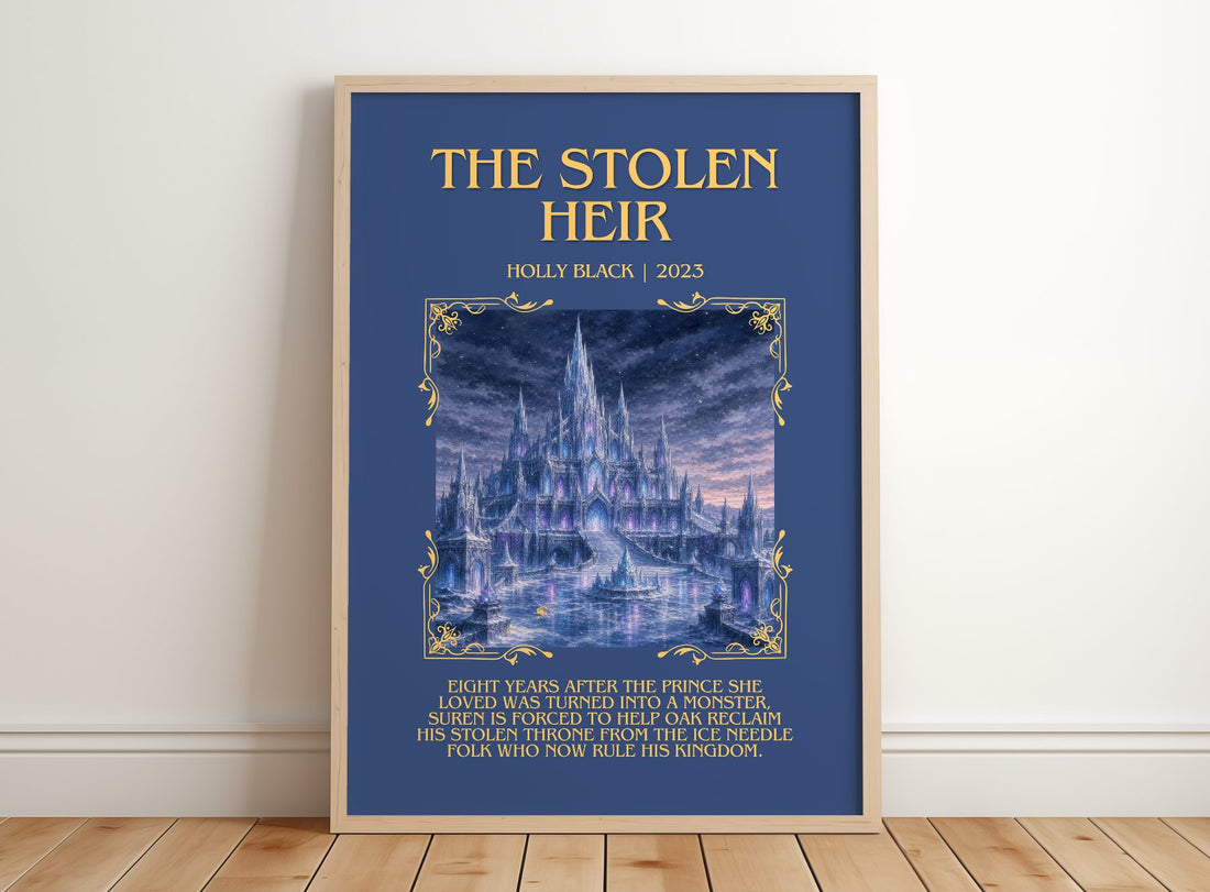 The Stolen Heir Minimalist Book Poster by Holly Black – framed print leaning on a wooden floor