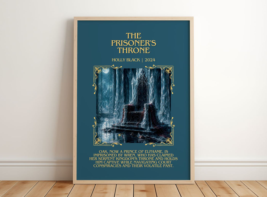 The Prisoner's Throne Minimalist Book Poster by Holly Black – framed print leaning on a wooden floor