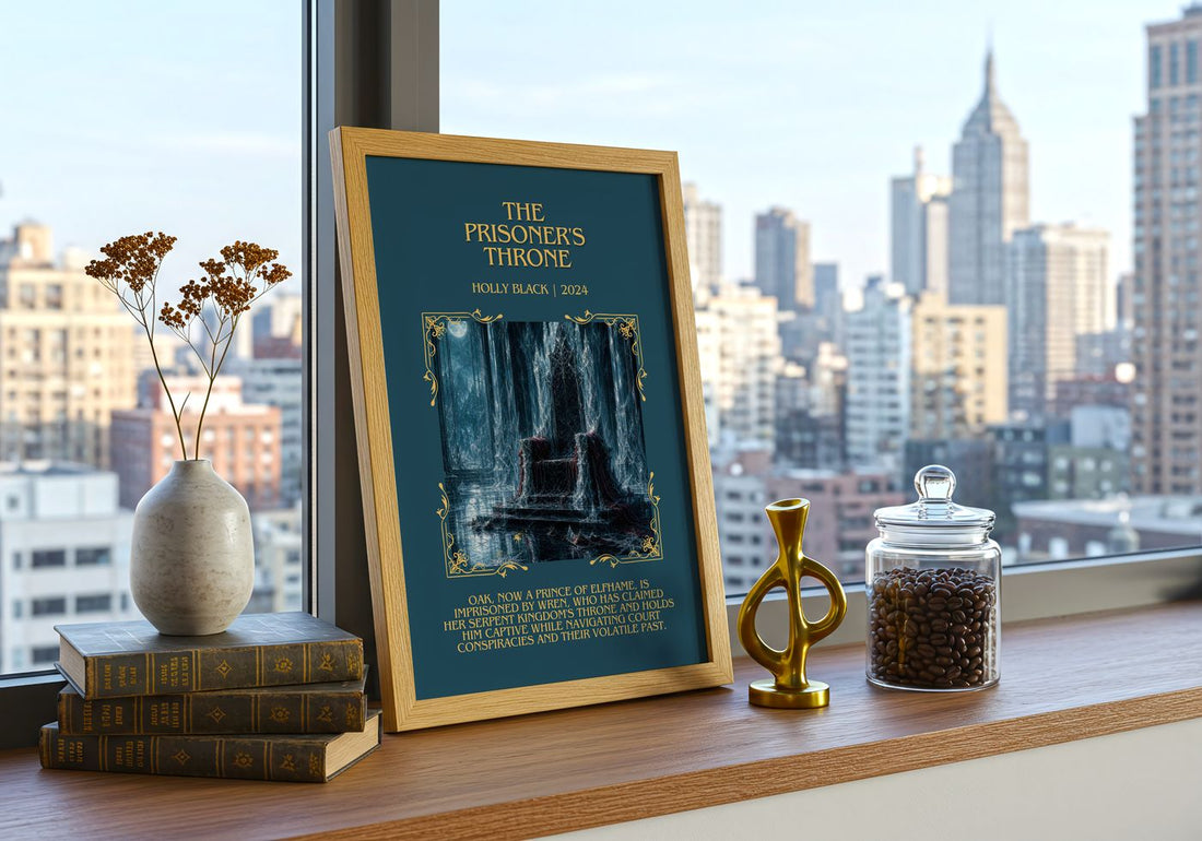 The Prisoner's Throne Minimalist Book Poster by Holly Black – framed print on a city-view windowsill