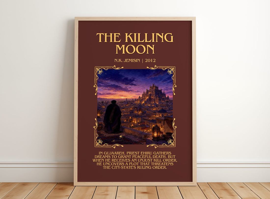 The Killing Moon Minimalist Book Poster by N.K. Jemisin – framed print leaning on a wooden floor