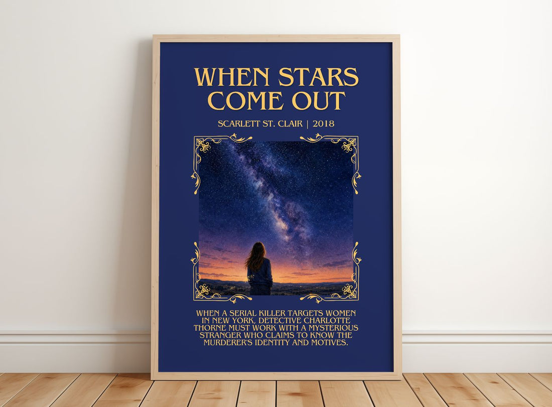 When Stars Come Out Minimalist Book Poster by Scarlett St. Clair – framed print leaning on a wooden floor