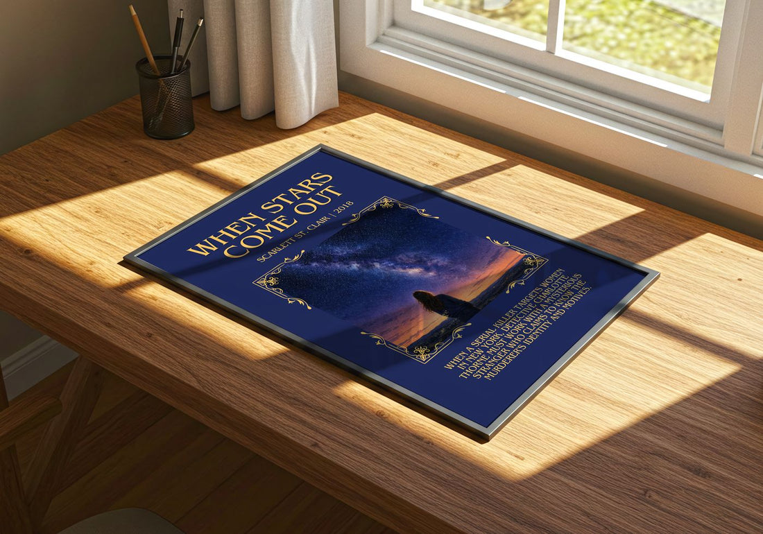 When Stars Come Out Minimalist Book Poster by Scarlett St. Clair – print on a sunlit desk