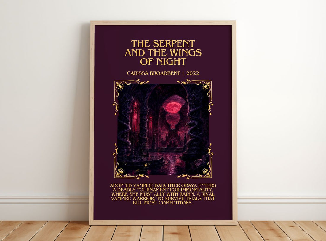 Serpent and the Wings of Night Minimalist Book Poster by C. Broadbent – framed print leaning on a wooden floor