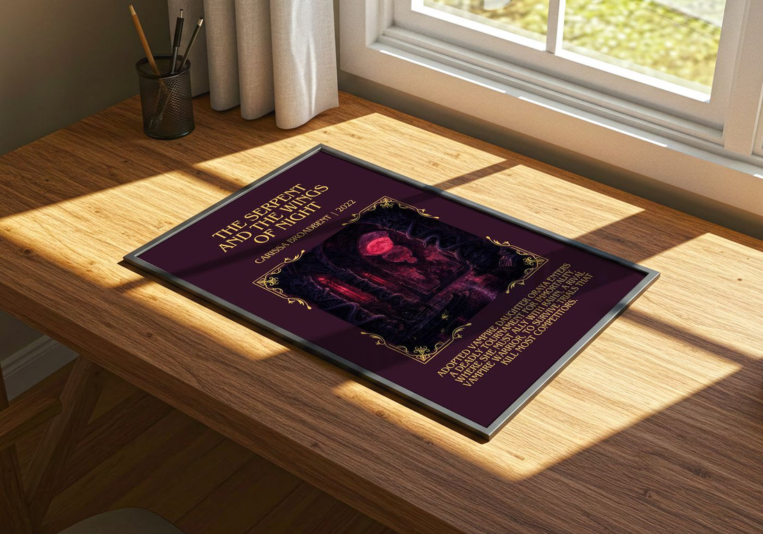 Serpent and the Wings of Night Minimalist Book Poster by C. Broadbent – print on a sunlit desk