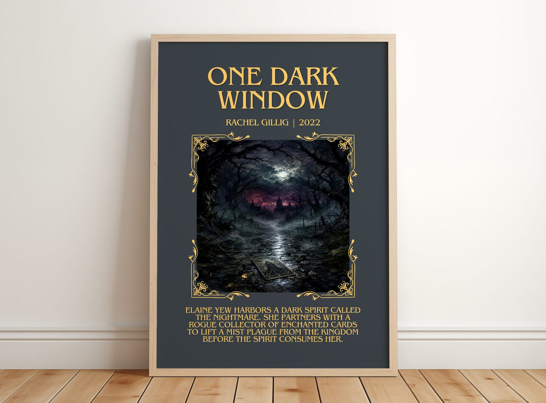 One Dark Window Minimalist Book Poster by Rachel Gillig – framed print leaning on a wooden floor