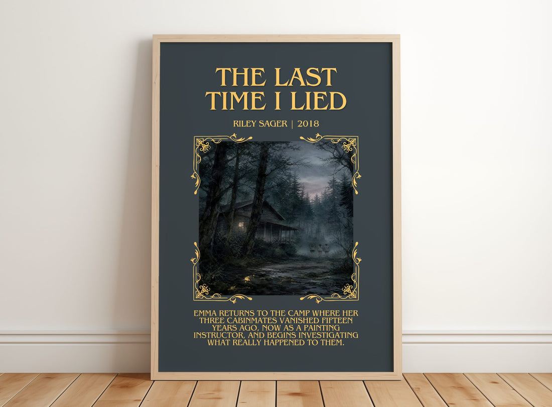 The Last Time I Lied Minimalist Book Poster by Riley Sager – framed print leaning on a wooden floor