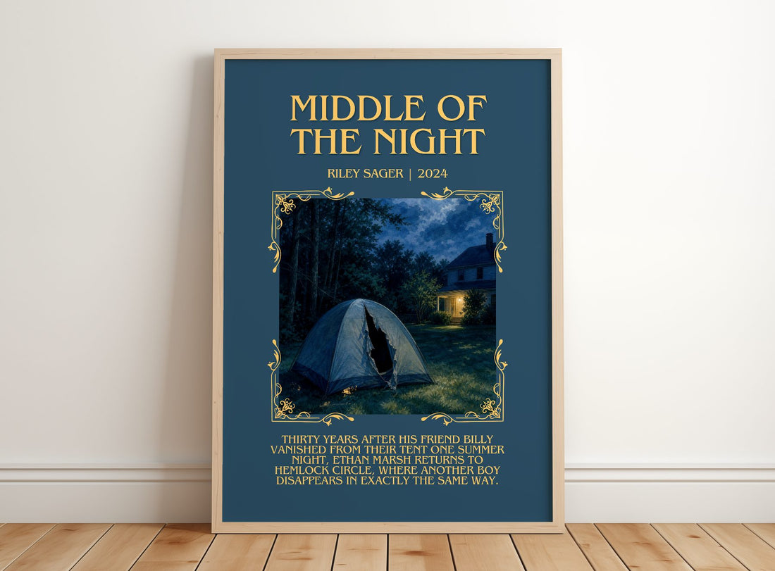 Middle of the Night Minimalist Book Poster by Riley Sager – framed print leaning on a wooden floor