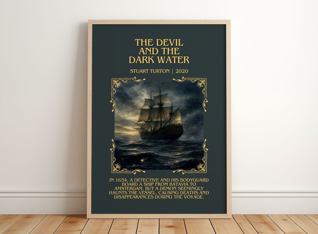 The Devil and the Dark Water Minimalist Book Poster by Stuart Turton – framed print leaning on a wooden floor