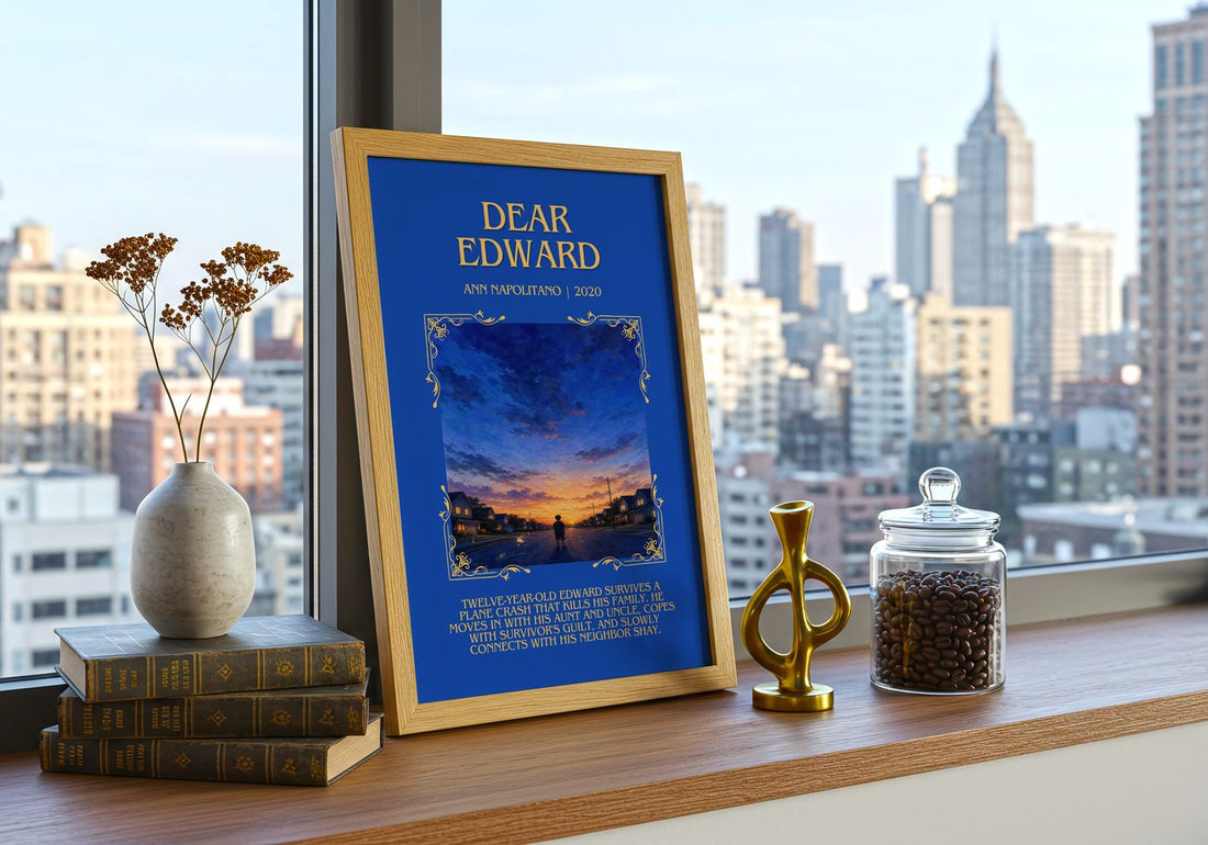 Dear Edward Minimalist Book Poster by Ann Napolitano – framed print on a city-view windowsill