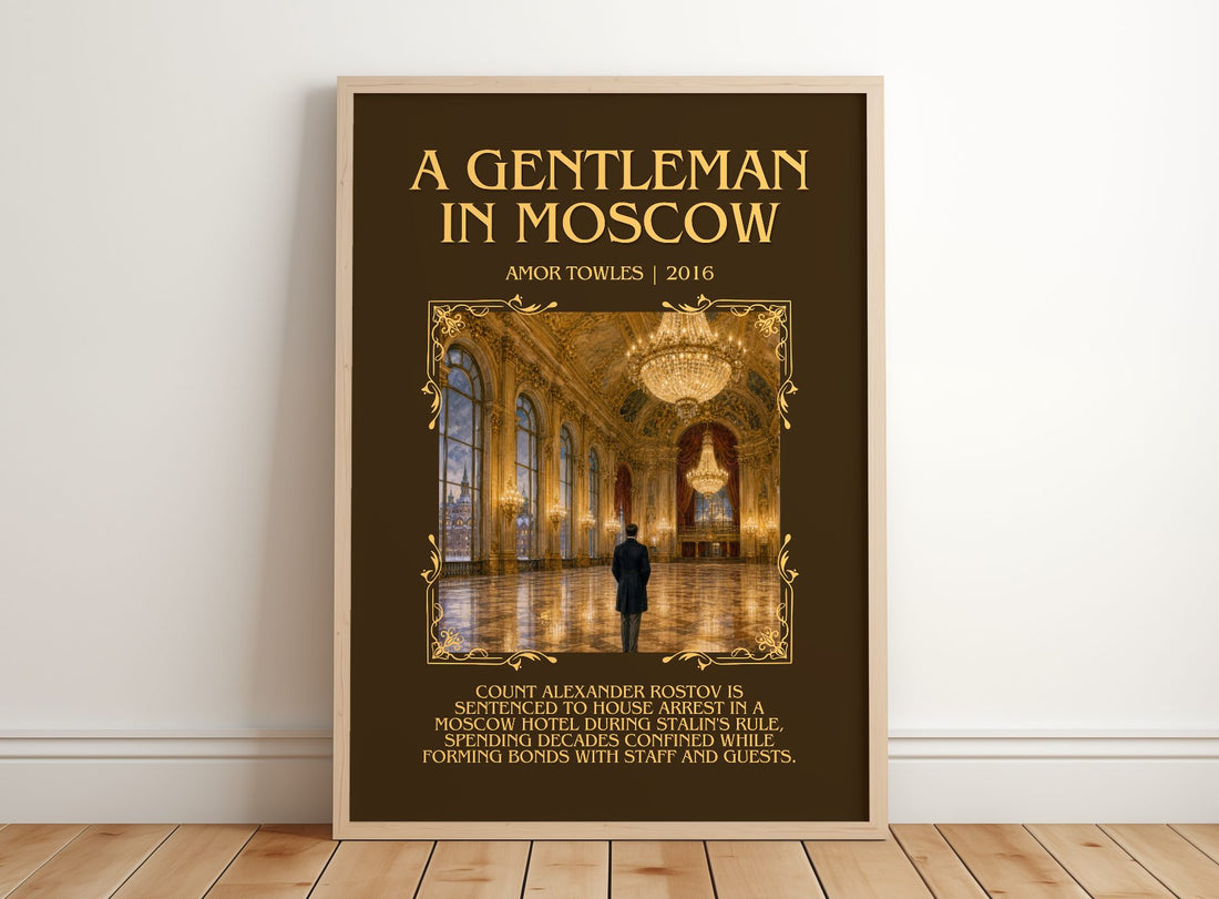 A Gentleman in Moscow Minimalist Book Poster by Amor Towles – framed print leaning on a wooden floor