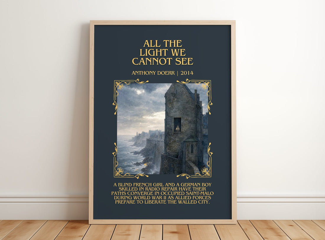All the Light We Cannot See Minimalist Book Poster by Anthony Doerr – framed print leaning on a wooden floor