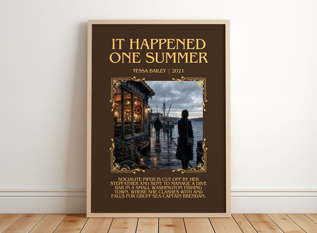 It Happened One Summer Minimalist Book Poster by Tessa Bailey – framed print leaning on a wooden floor