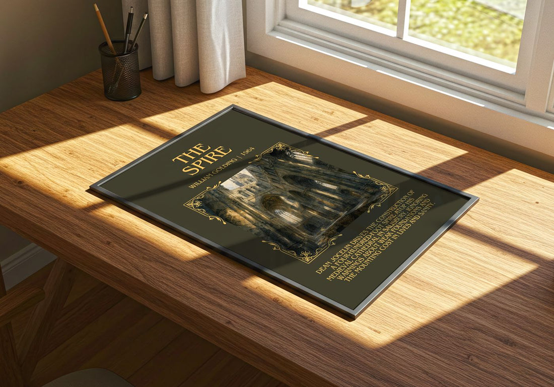 The Spire Minimalist Book Poster by William Golding – print on a sunlit desk