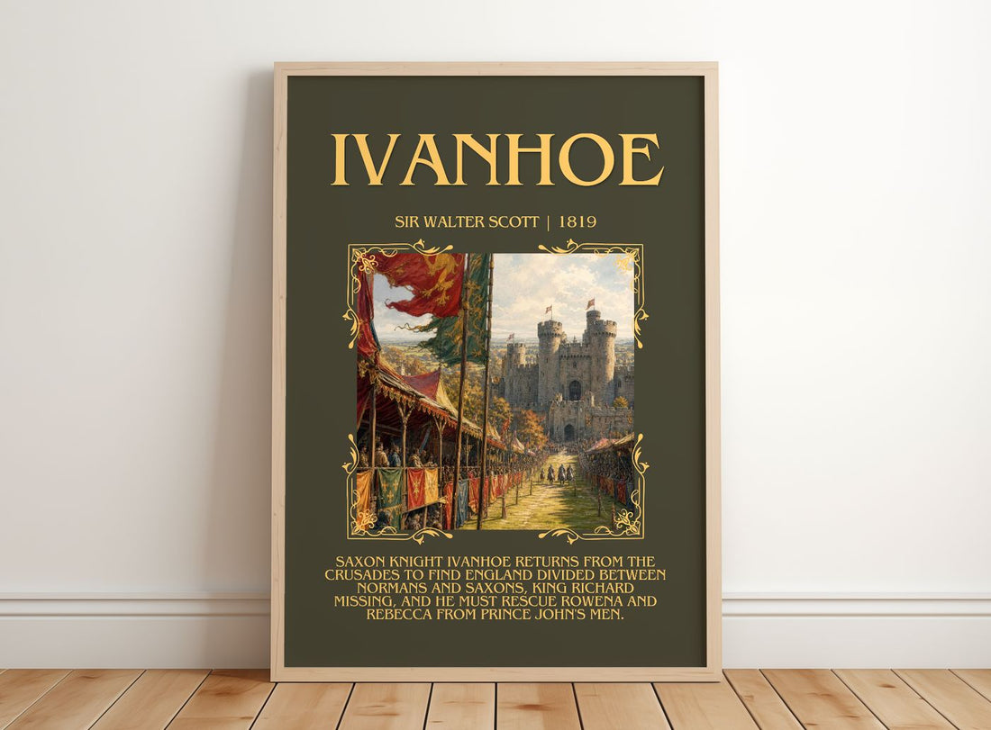 Ivanhoe Minimalist Book Poster by Sir Walter Scott – framed print leaning on a wooden floor