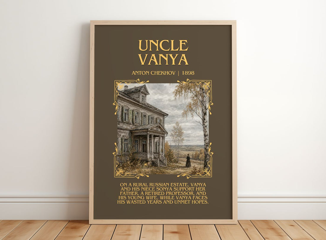 Uncle Vanya Minimalist Book Poster by Anton Chekhov – framed print leaning on a wooden floor