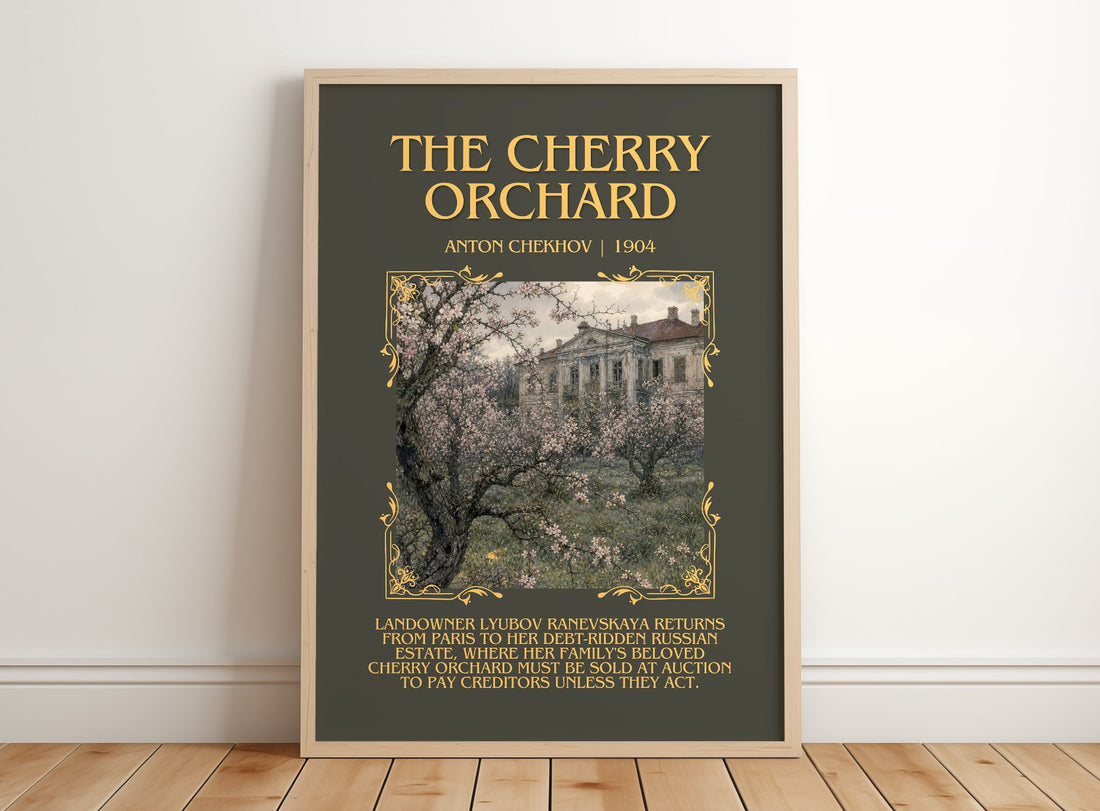 The Cherry Orchard Minimalist Book Poster by Anton Chekhov – framed print leaning on a wooden floor