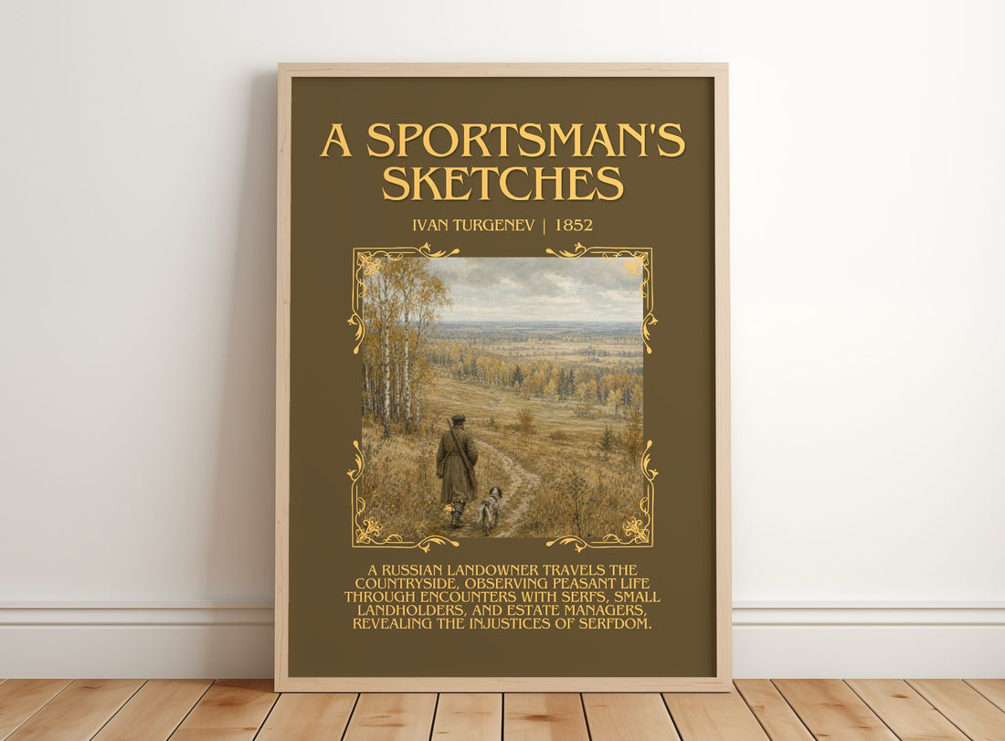 A Sportsman's Sketches Minimalist Book Poster by Ivan Turgenev – framed print leaning on a wooden floor