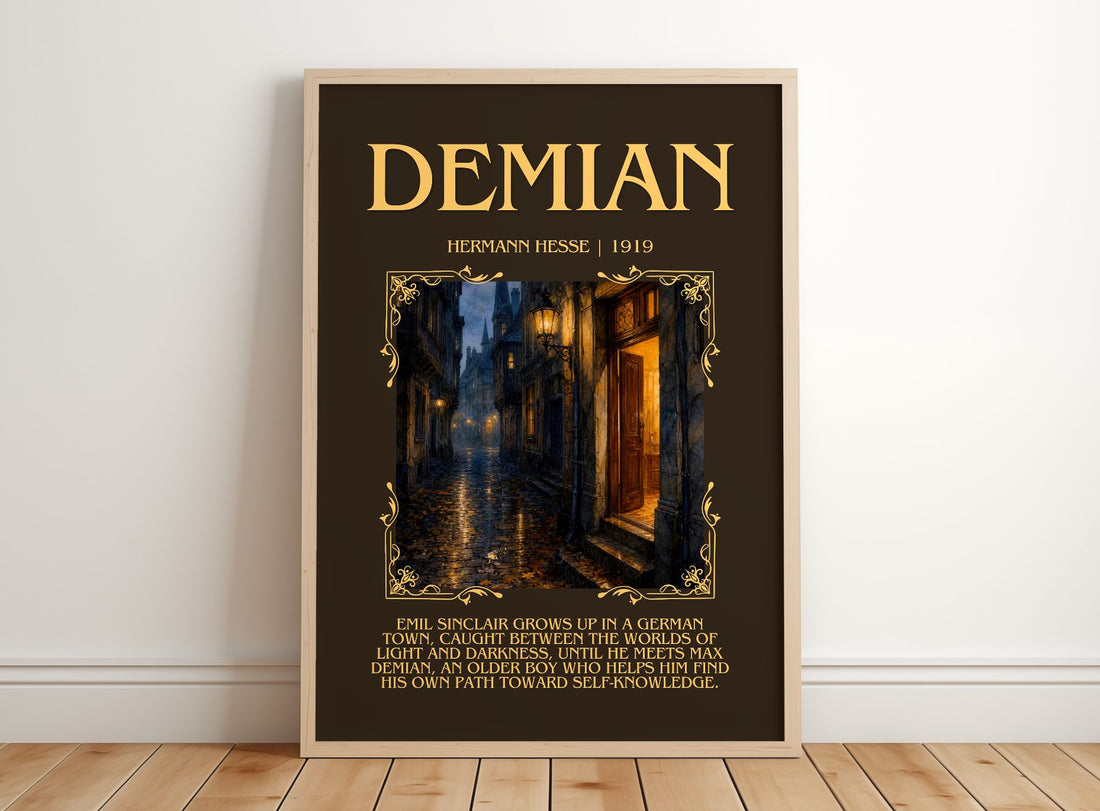 Demian Minimalist Book Poster by Hermann Hesse – framed print leaning on a wooden floor