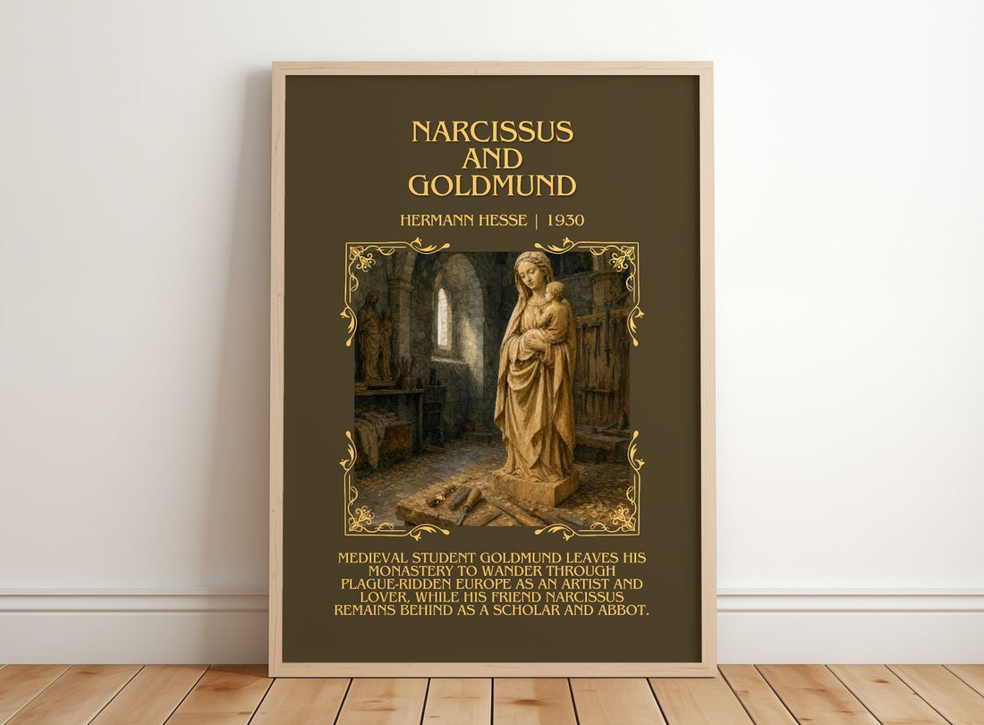 Narcissus and Goldmund Minimalist Book Poster by Hermann Hesse – framed print leaning on a wooden floor