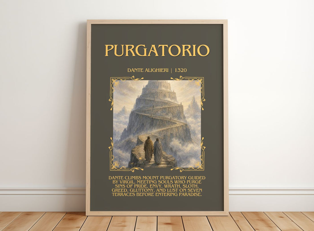 Purgatorio Minimalist Book Poster by Dante Alighieri – framed print leaning on a wooden floor