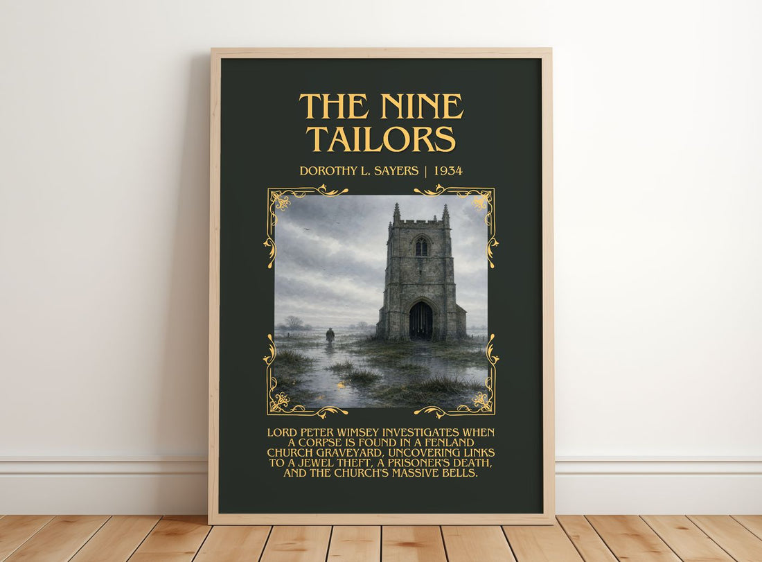 The Nine Tailors Minimalist Book Poster by Dorothy L. Sayers – framed print leaning on a wooden floor