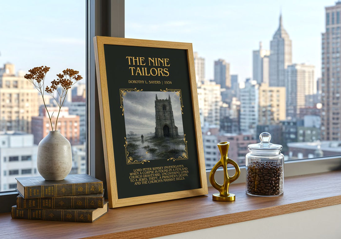 The Nine Tailors Minimalist Book Poster by Dorothy L. Sayers – framed print on a city-view windowsill