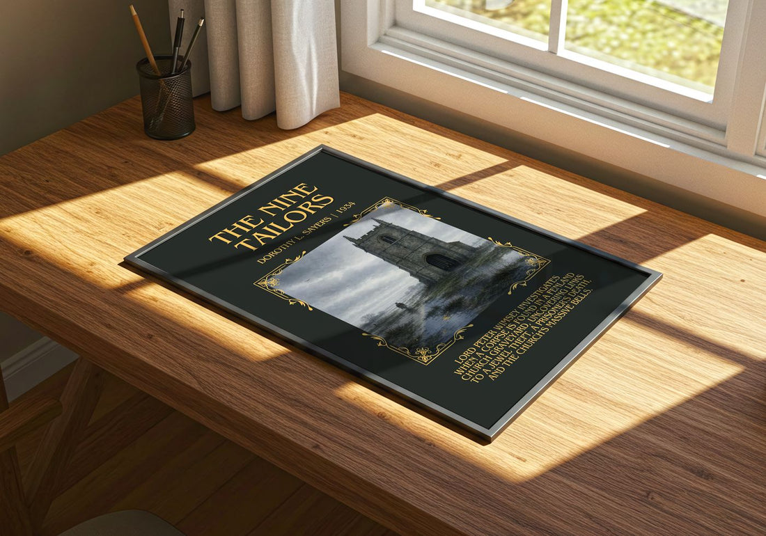 The Nine Tailors Minimalist Book Poster by Dorothy L. Sayers – print on a sunlit desk