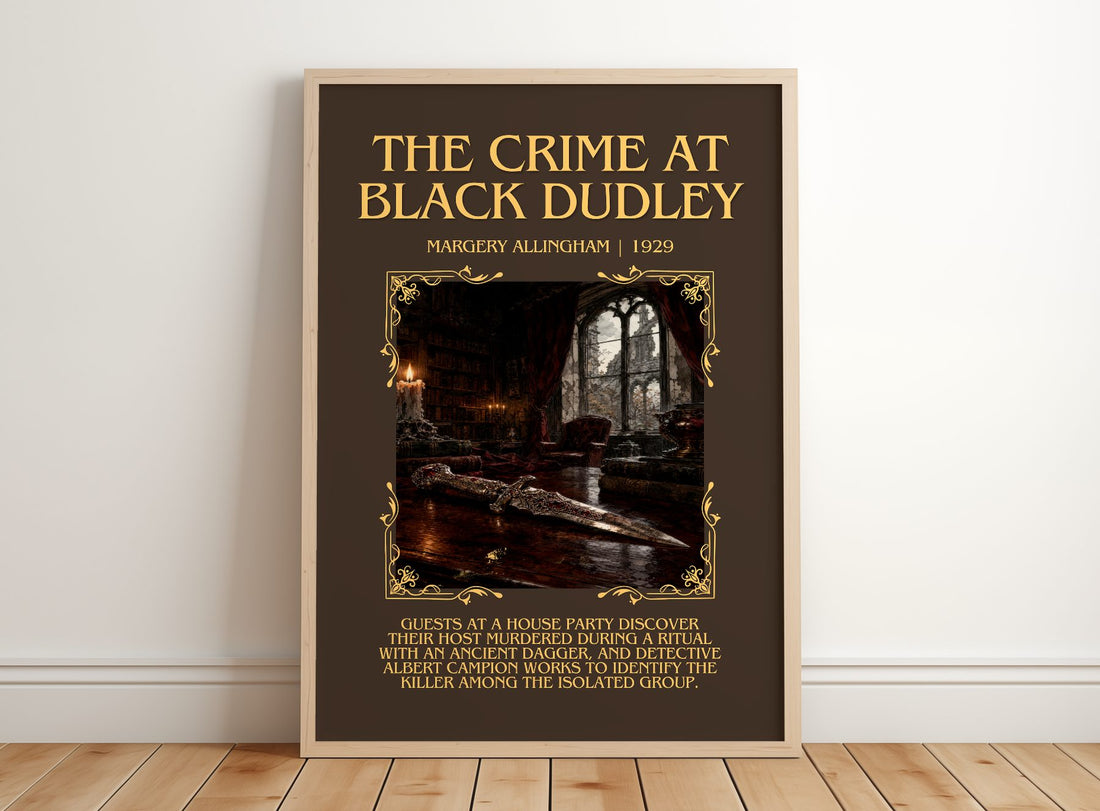 The Crime at Black Dudley Minimalist Book Poster by Margery Allingham – framed print leaning on a wooden floor