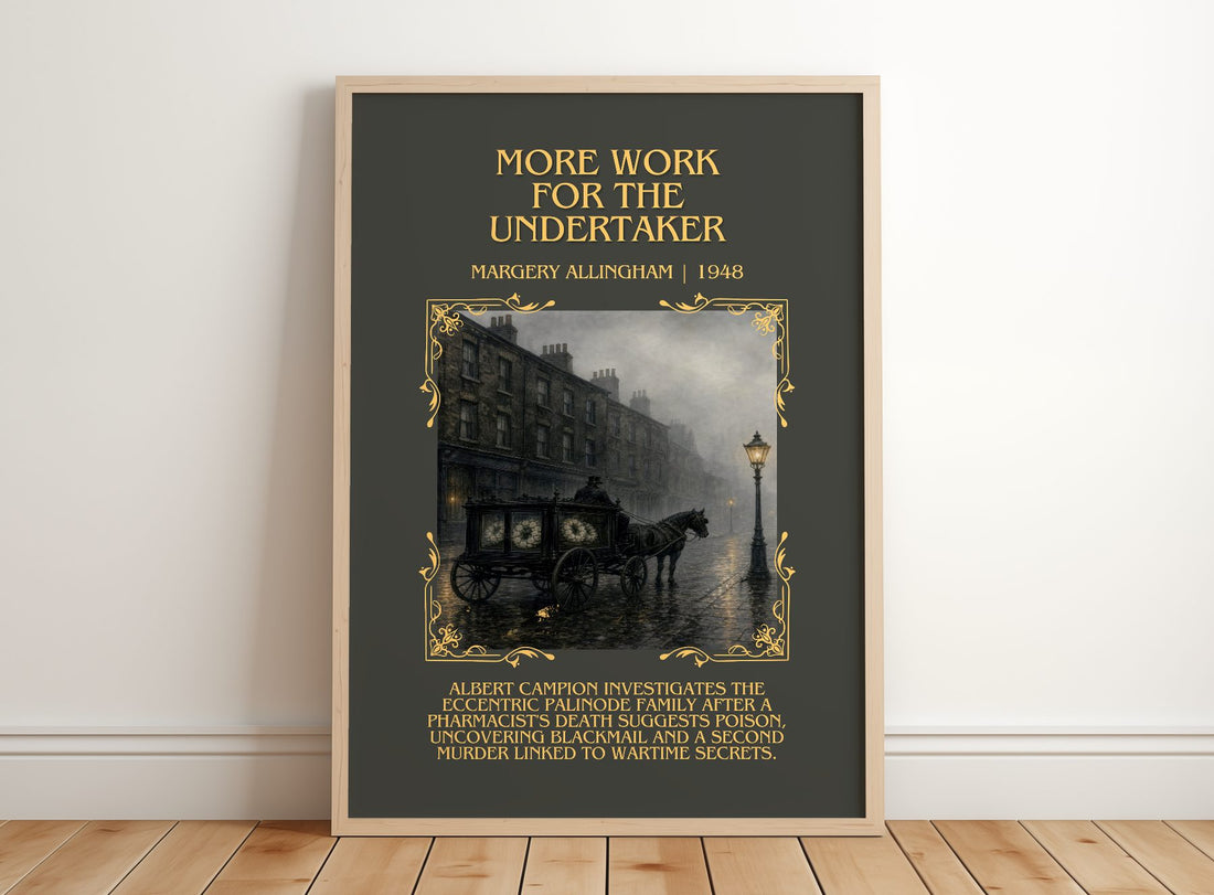 More Work for the Undertaker Minimalist Book Poster by M. Allingham – framed print leaning on a wooden floor