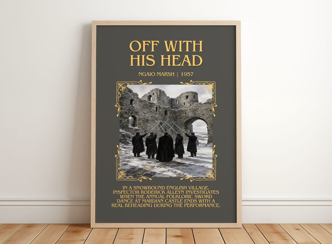 Off With His Head Minimalist Book Poster by Ngaio Marsh – framed print leaning on a wooden floor