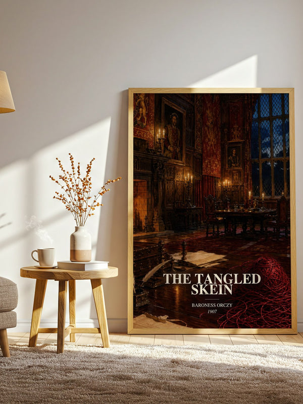 The Tangled Skein watercolour print in frame leaning in hallway – historical fiction wall art