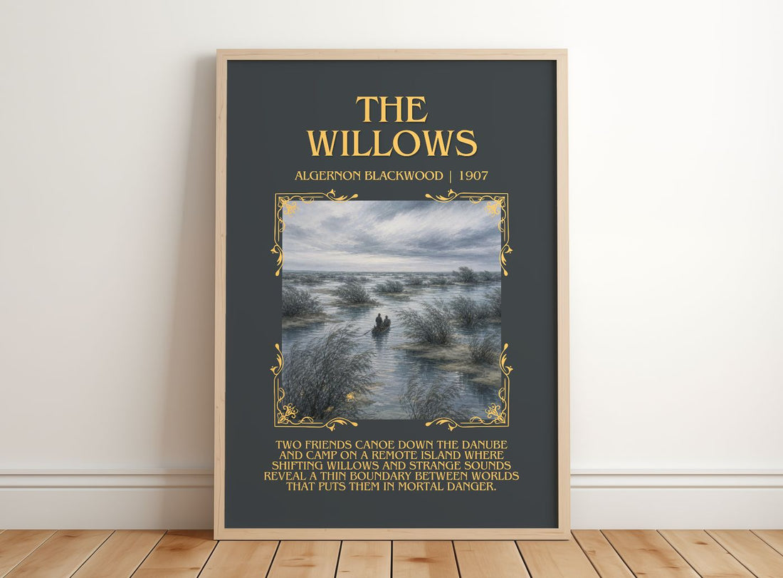 The Willows Minimalist Book Poster by Algernon Blackwood – framed print leaning on a wooden floor