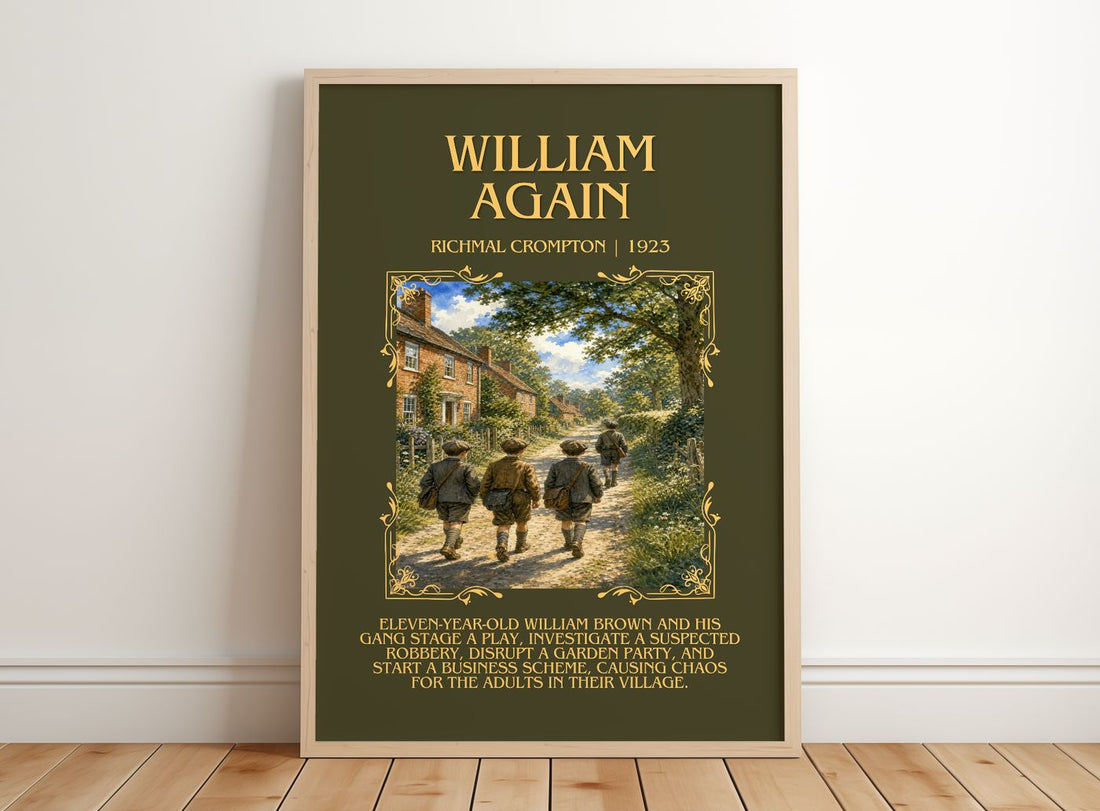 William Again Minimalist Book Poster by Richmal Crompton – framed print leaning on a wooden floor