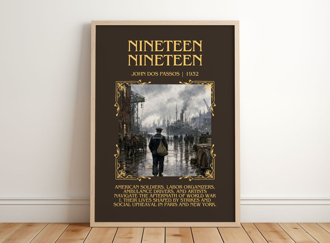 Nineteen Nineteen Minimalist Book Poster by John Dos Passos – framed print leaning on a wooden floor