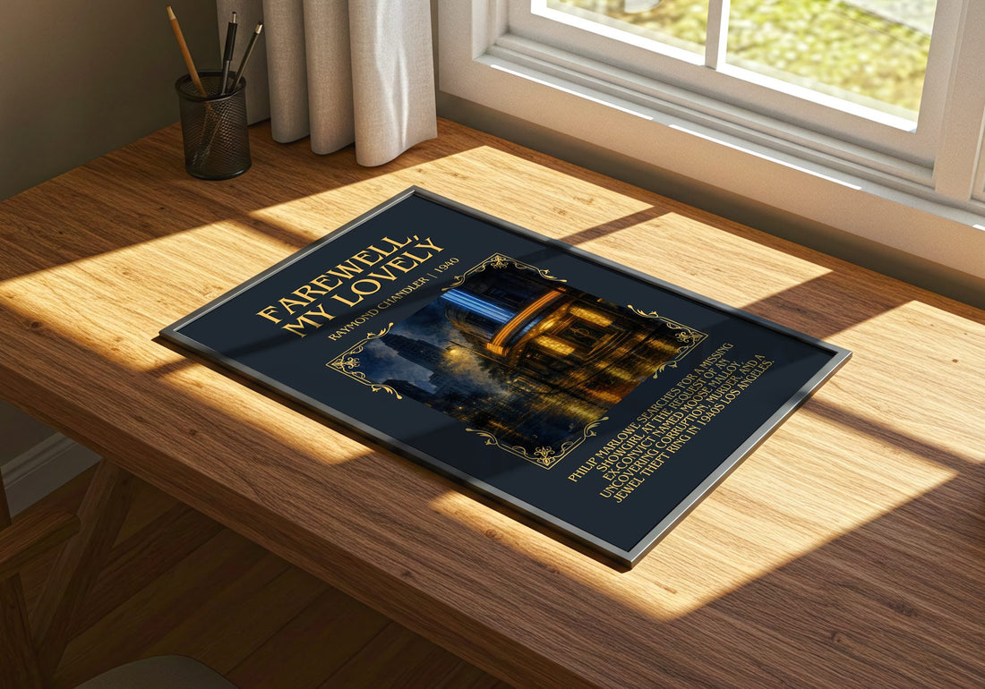 Farewell, My Lovely Minimalist Book Poster by Raymond Chandler – print on a sunlit desk