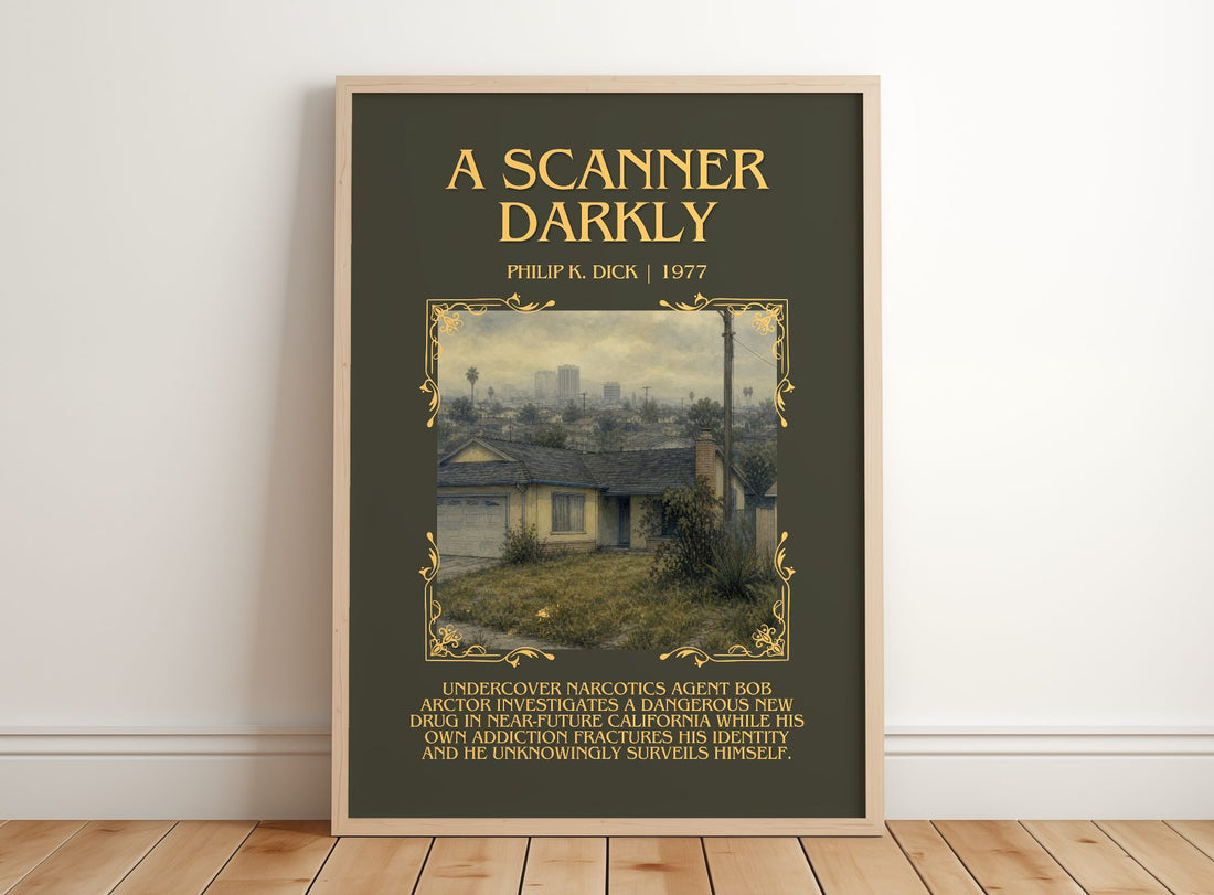 A Scanner Darkly Minimalist Book Poster by Philip K. Dick – framed print leaning on a wooden floor