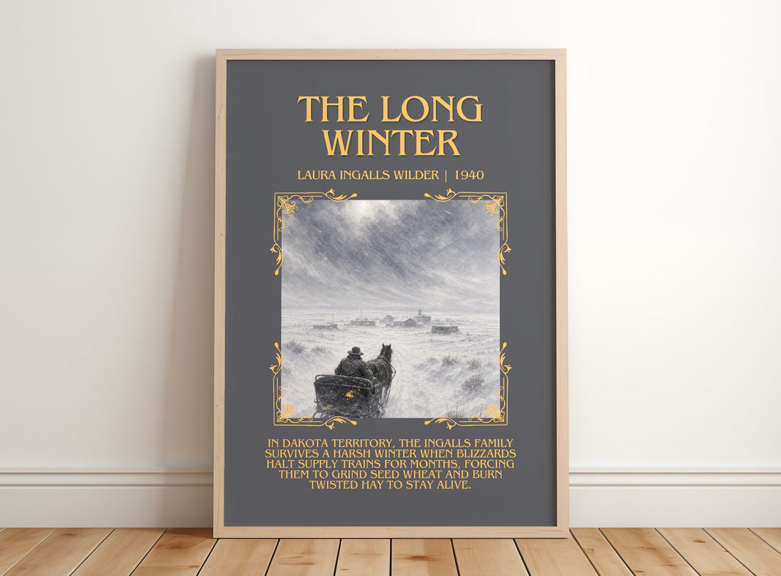 The Long Winter Minimalist Book Poster by Laura Ingalls Wilder – framed print leaning on a wooden floor