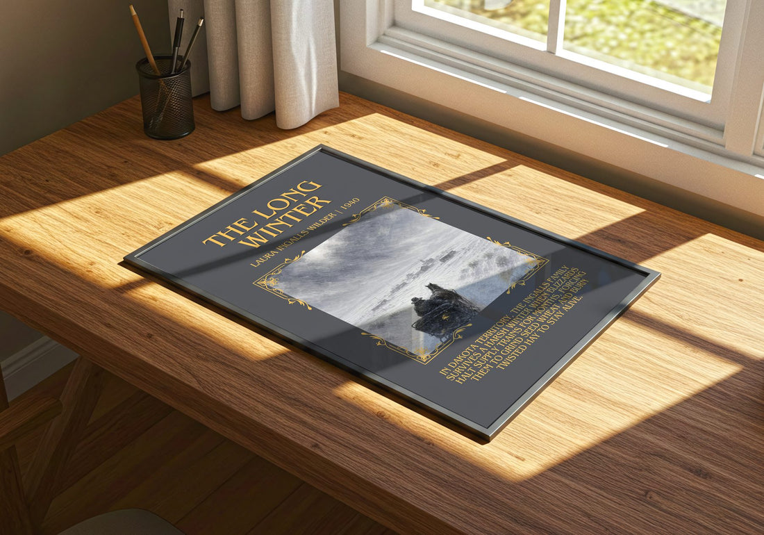 The Long Winter Minimalist Book Poster by Laura Ingalls Wilder – print on a sunlit desk
