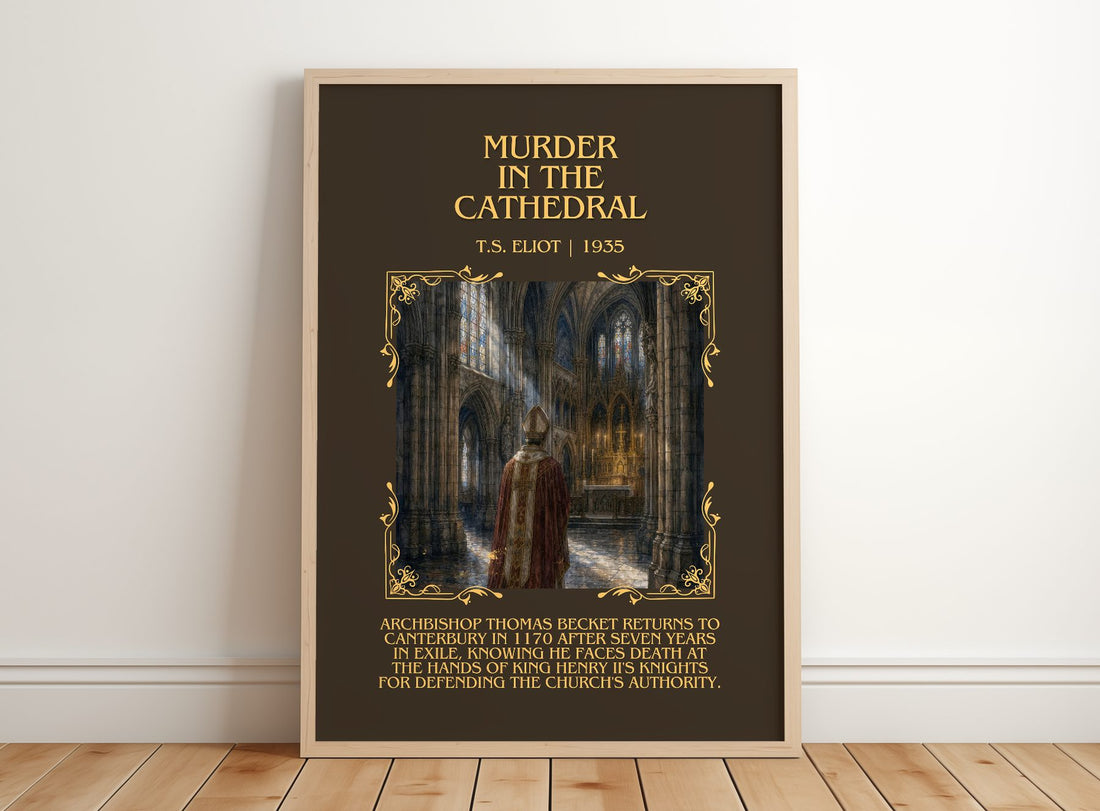 Murder in the Cathedral Minimalist Book Poster by T.S. Eliot – framed print leaning on a wooden floor