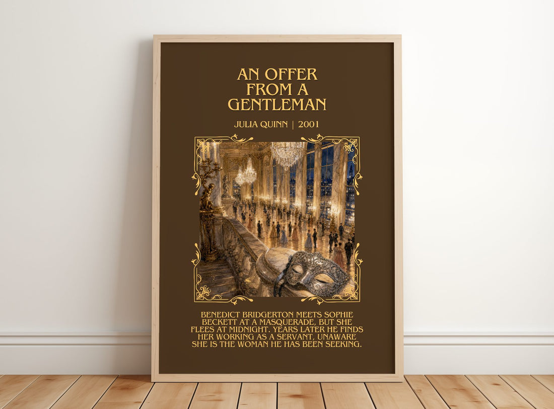 An Offer From a Gentleman Minimalist Book Poster by Julia Quinn – framed print leaning on a wooden floor