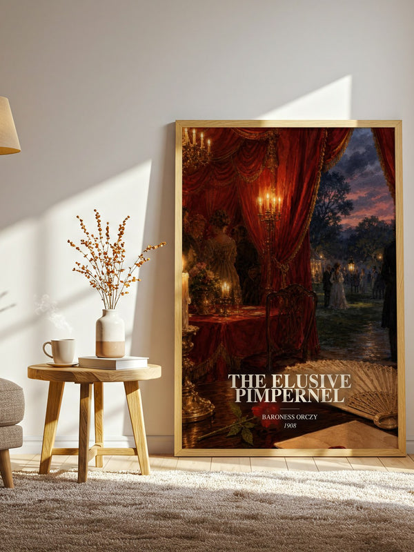 The Elusive Pimpernel watercolour print in frame leaning in hallway – historical fiction wall art
